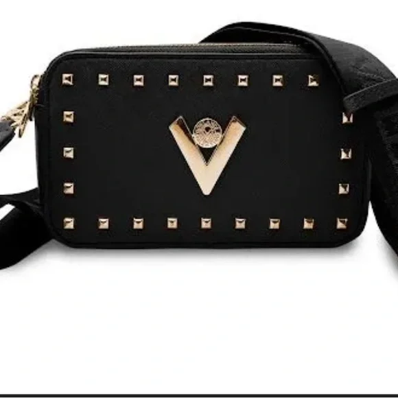 NWT Valentino Orlandi Black and Gold Crossbody Bag with Pyramid Studs - Picture 1 of 6